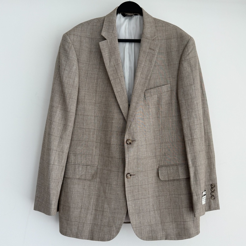 Jos A Bank Blazer Men 44L Plaid Beige Linen Wool Silk Sport Coat Dinner Jacket